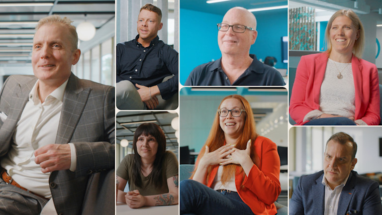 Collage of seven Equitable team members mid-interview for the Moments Matter docuseries, in Equitable’s office.