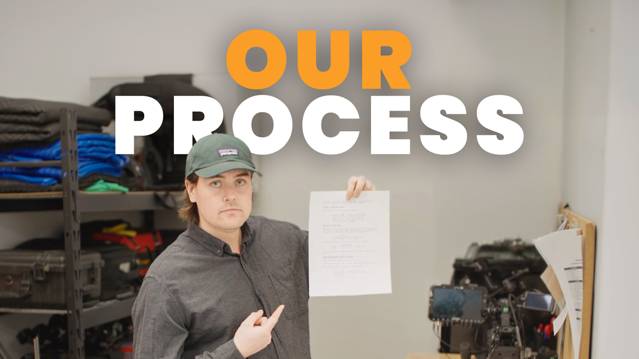 Dave Hiff points to a script he is holding in a gear prep bay, under large text that reads "Our process."