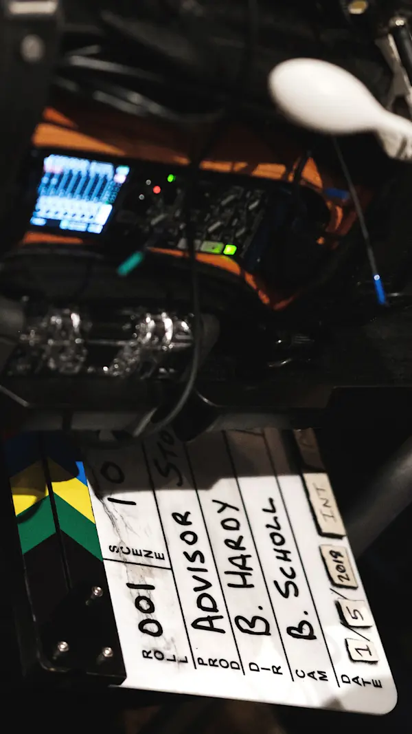 Handwritten slate for the Advisor Stories shoot next to a field audio recorder showing live levels