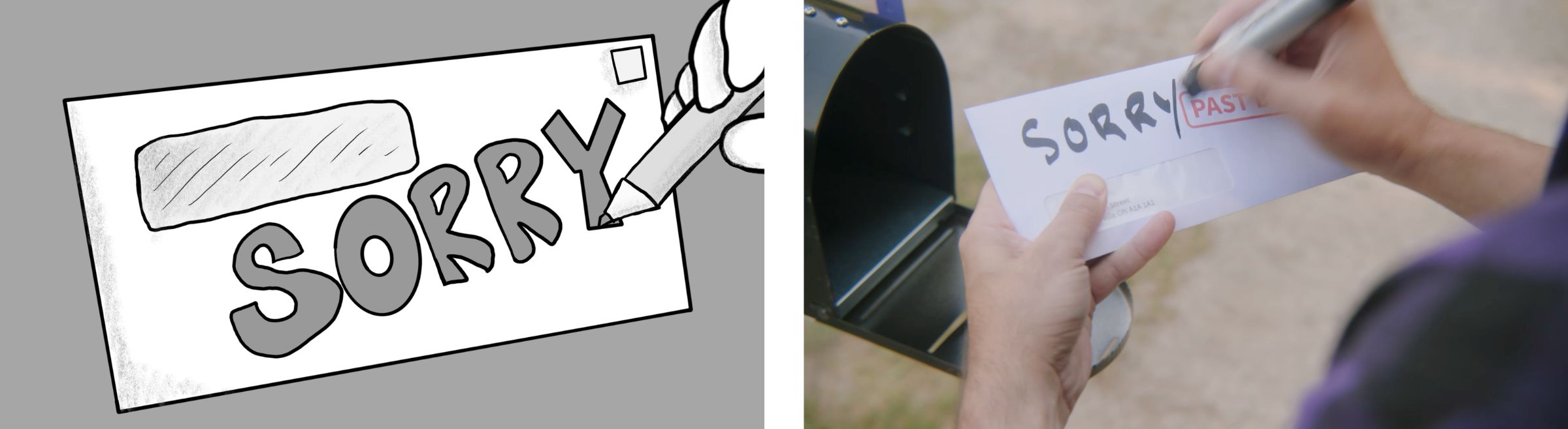 Storyboard sketch of a hand writing SORRY on an envelope, beside the same shot in the finished Fairstone commercial.