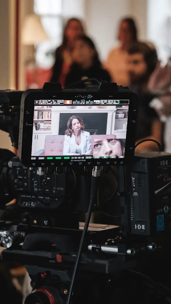 Camera monitor showing a financial advisor framed on the couch, with a focus check box on her eyes