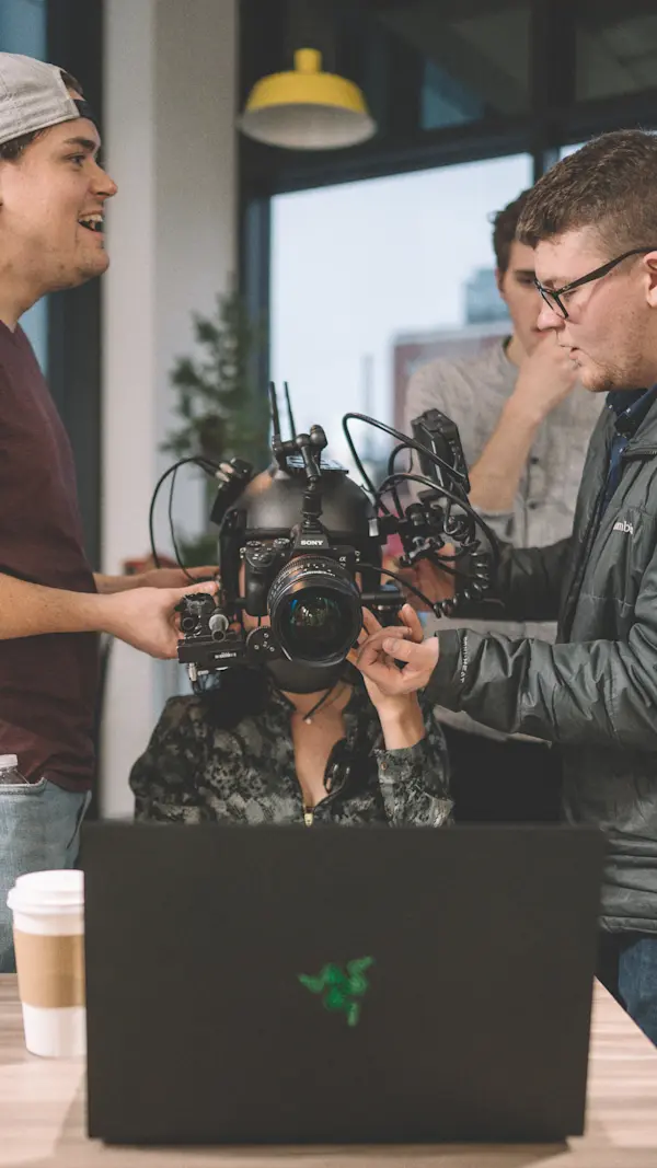 Two crew members adjusting the helmet camera rig on an actor seated behind a laptop and a coffee.