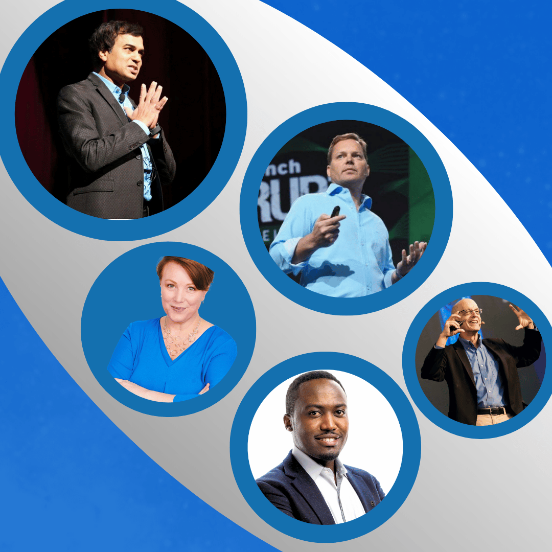 Headshots of 5 inspirational speakers on speakaboutai