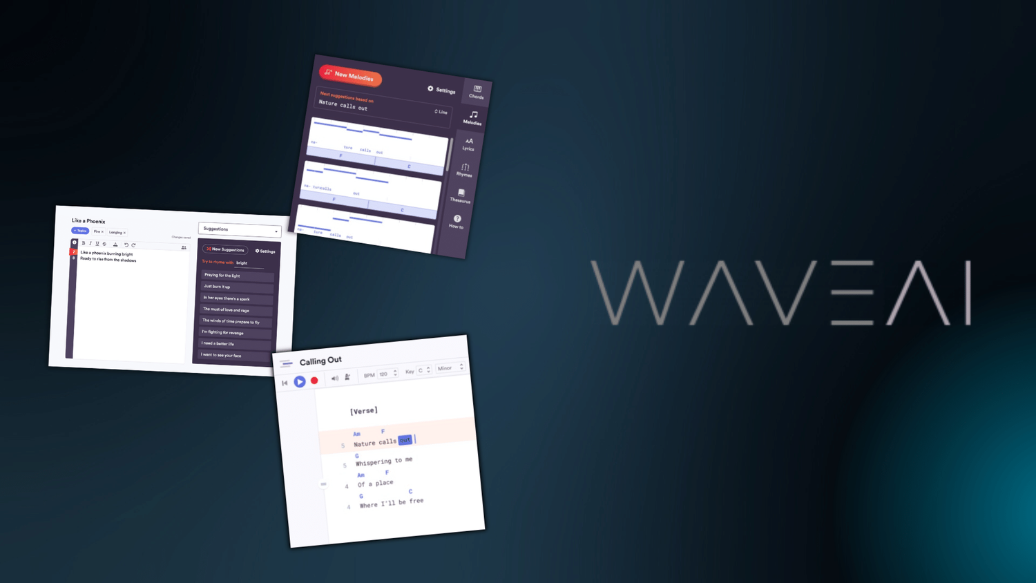 An image that showcases 3 screenshots of different interfaces with WAVEAI