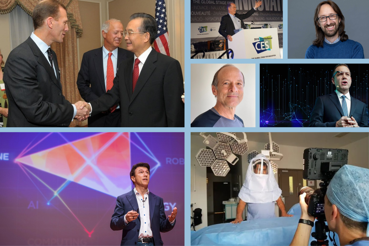 This collage showcases various professionals and innovators in technology, AI, and medical fields, highlighting advancements and discussions in these industries. It features speakers at conferences, business meetings, and a medical procedure being recorded, emphasizing progress and collaboration