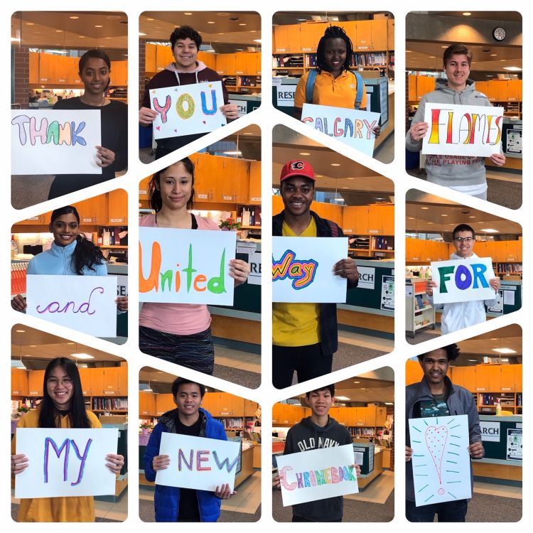 A collage of 12 images, each with a child holding a sign with a word on it. The words combine to read 'Thank you Calgary Flames and United Way for my new Chromebook!'