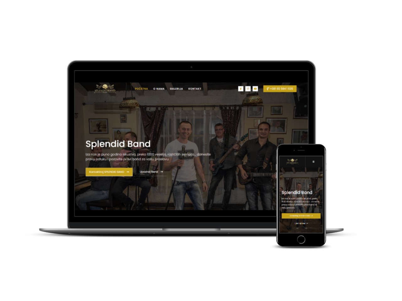 A mobile phone and laptop displaying the website for a band.