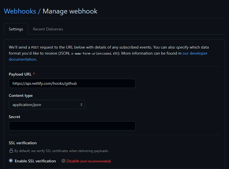 Github webhook config