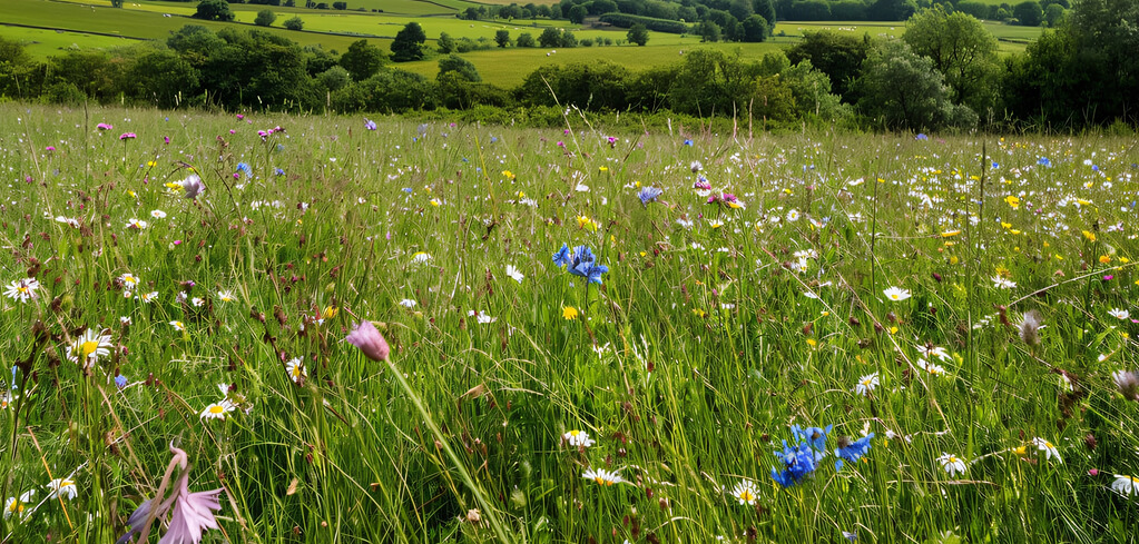 Wildflower meadow with colorful daisies, cornflowers and pink blooms stretching across rolling green countryside hills.