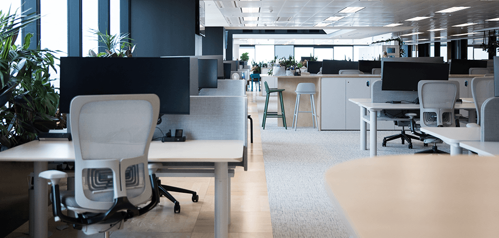 Modern open-plan office with empty desks, gray ergonomic chairs, monitors, dividers, and green plants near large windows.
