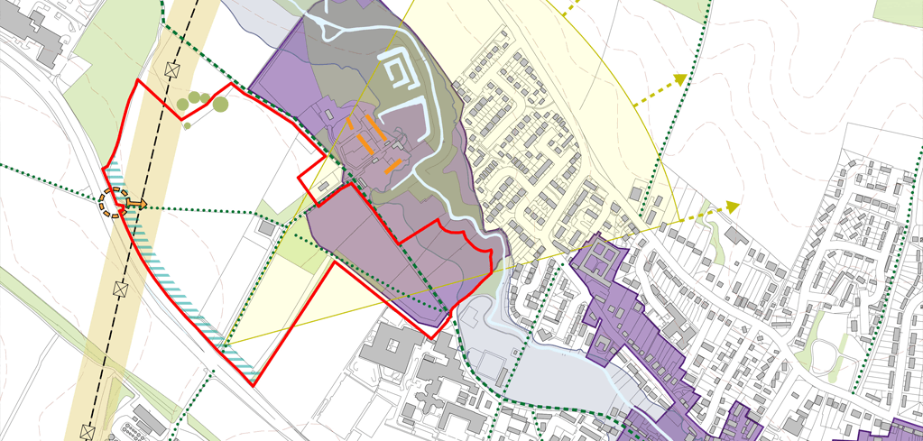 Urban planning map with colored zones, red boundary lines, green dotted paths, and purple highlighted development areas near residential streets.
