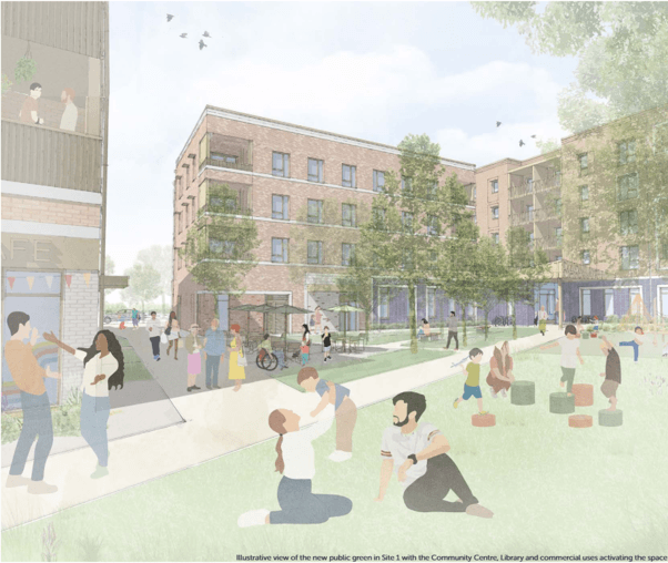 Architectural rendering of a public green space with people relaxing and playing, surrounded by modern brick residential buildings and trees.