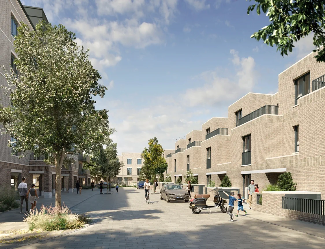 Modern residential development with brick buildings, tree-lined street, people walking, cycling, and children playing outdoors.