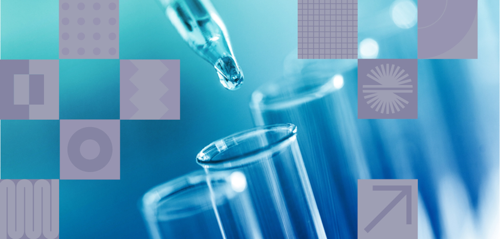 Dropper adding liquid to glass test tubes in laboratory setting with blue background and abstract pattern elements