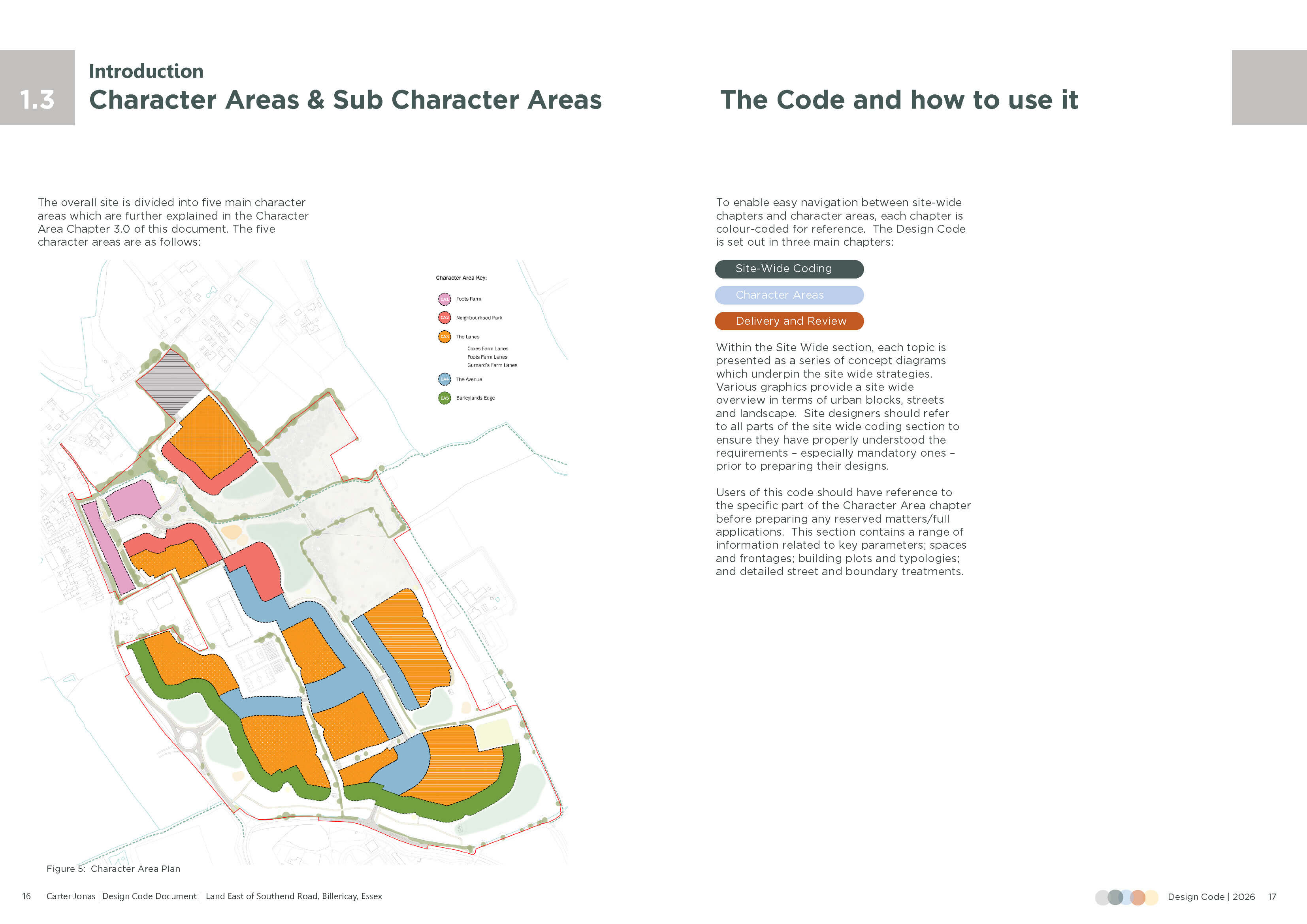 Colorful site plan map showing numbered land plots in orange, red, pink, and gray, with green spaces and blue pathways throughout.
