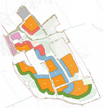 Colorful site plan map showing numbered land plots in orange, red, pink, and gray, with green spaces and blue pathways throughout.