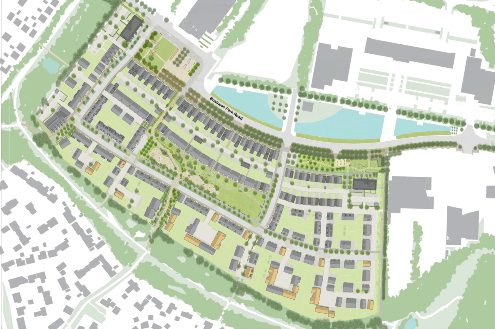 Aerial urban planning map showing a mixed-use development near Business Park Road with buildings, green spaces, and water features.