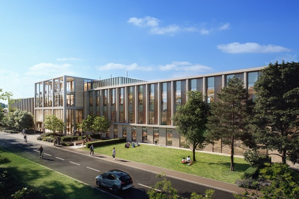 Computer generated image of a modern and highly energy-efficient life sciences building, known as ‘Ascent’, at ARC Oxford, Cowley.