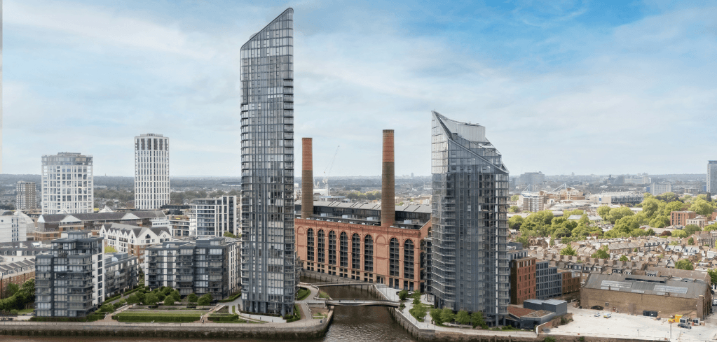 Aerial view of Chelsea Waterfront residential development, located in London.