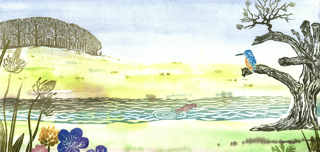 Watercolor landscape with a blue kingfisher on a gnarled tree, wildflowers by a pond with a fish, and distant hills.