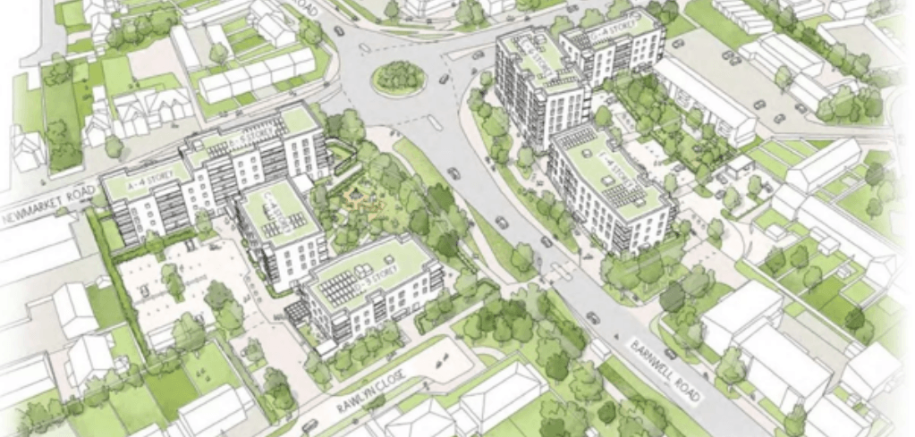 Aerial architectural sketch of a mixed-use urban development near Newmarket Road and Barnwell Road, featuring multi-storey buildings and green spaces.