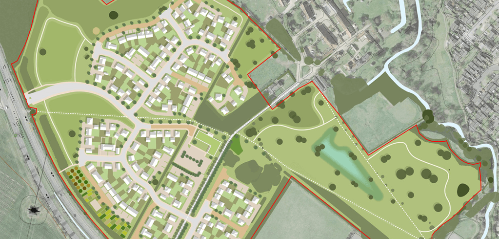 Aerial site plan showing a residential development with green spaces, pathways, a pond, and housing plots outlined in red.