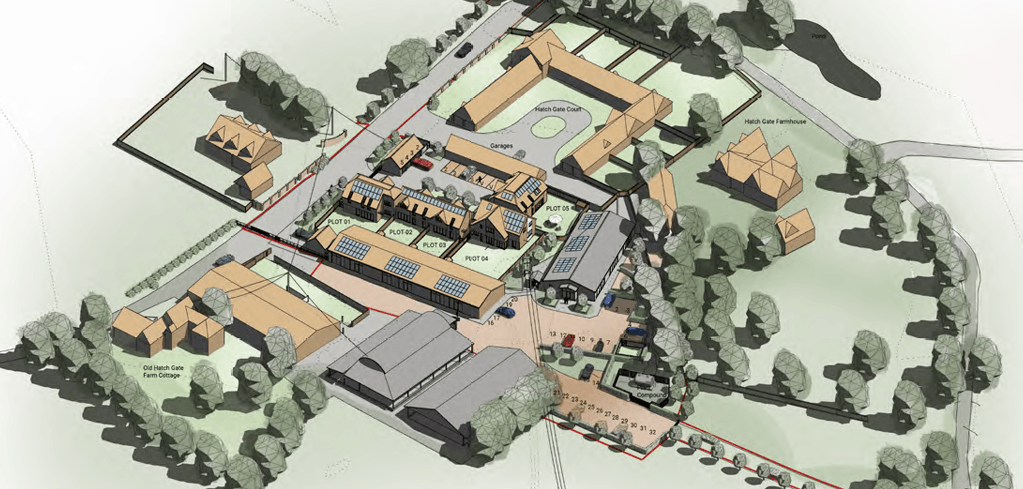 Aerial 3D site plan showing labeled residential plots, garages, farmhouse buildings, and landscaped grounds with trees.