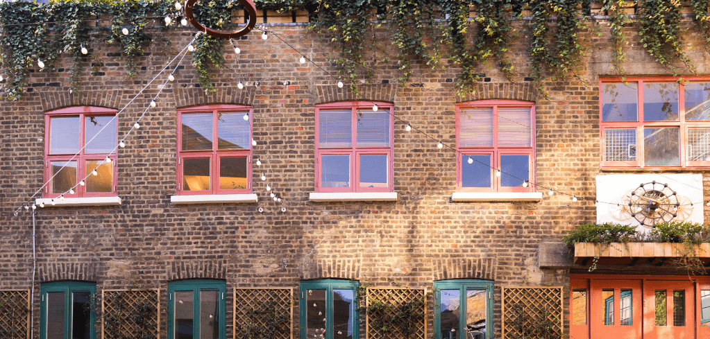Brick building facade with pink-framed upper windows, teal lower windows, string lights, and ivy along the roofline.