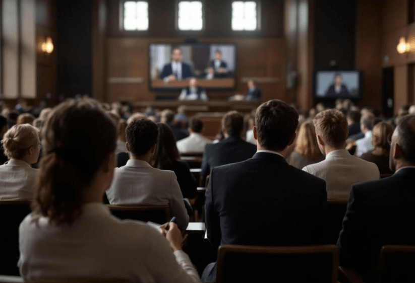 Audience seated in a formal wood-paneled hall watching a speaker on screen during a conference or lecture event.