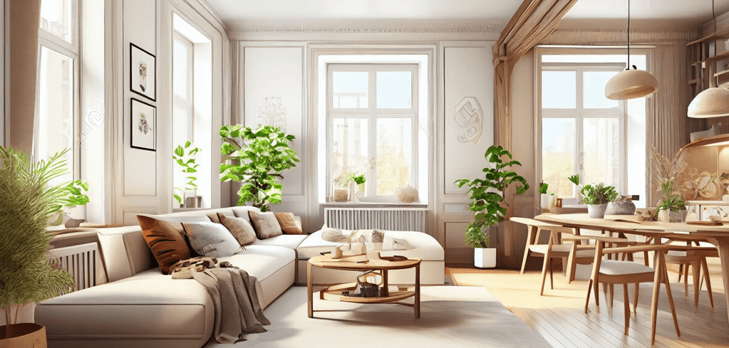 Bright Scandinavian living room with white sofa, wooden furniture, large windows, and lush green plants throughout.