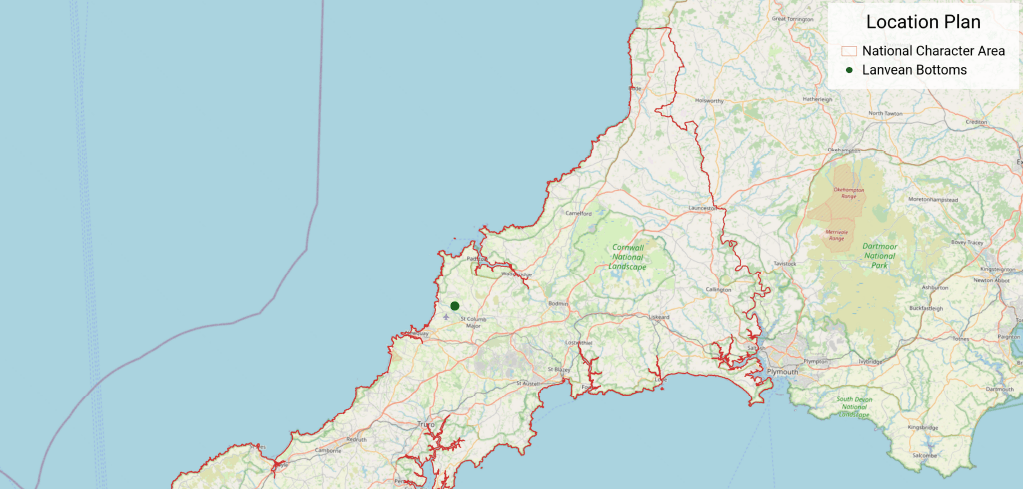 Location plan map of Cornwall and Devon showing Lanvean Bottoms marked with a green dot near St Columb Major.
