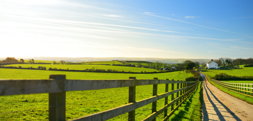 Scenic countryside landscape with green fields, wooden fences along a dirt path leading to a white farmhouse under blue sky.