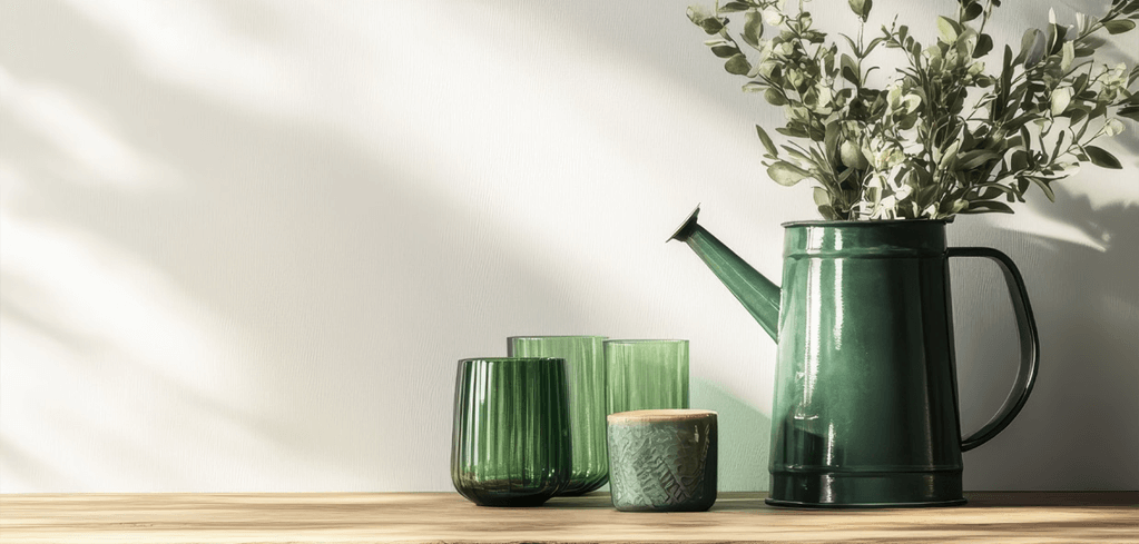 Green watering can with eucalyptus branches, two green glass vases, and a candle on wooden shelf against white wall.