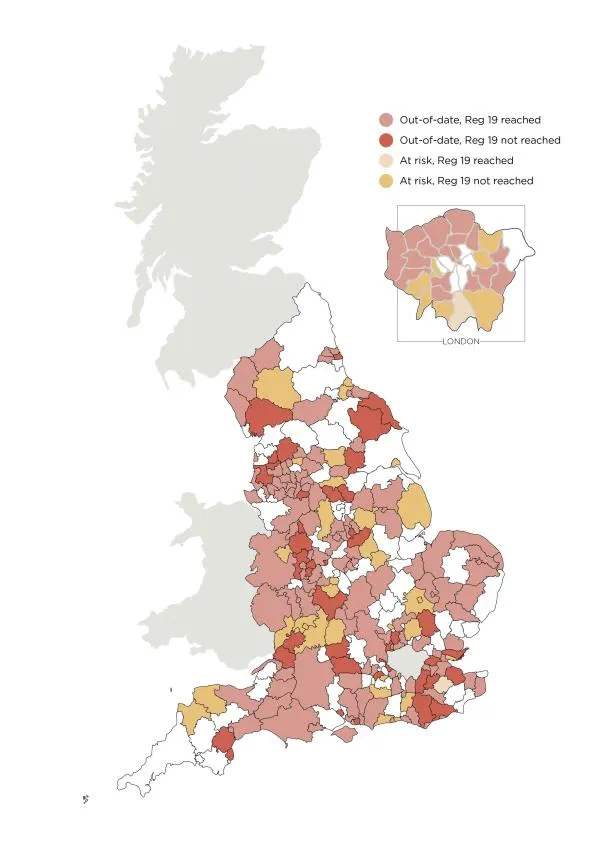 Map of England showing regional Regulation 19 status with color-coded districts and a detailed inset of London.