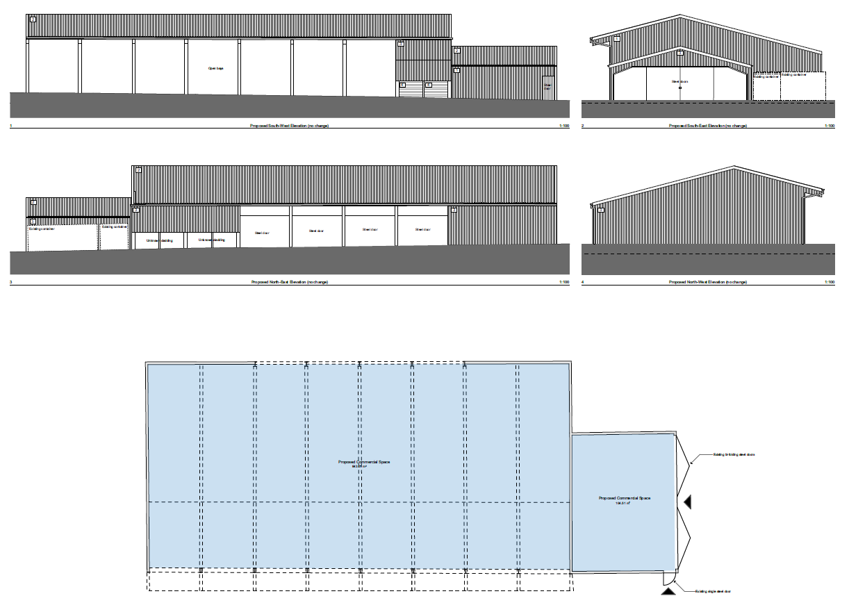 Architectural drawings showing four building elevations and a floor plan for a proposed commercial space with steel doors.
