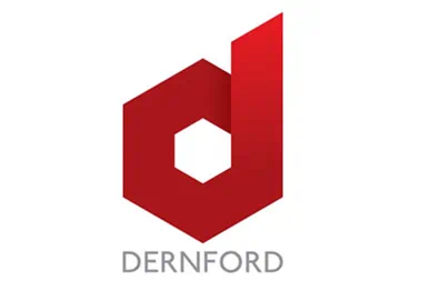 Red geometric logo for Dernford featuring a stylized letter "d" with a hexagonal cutout above gray text.