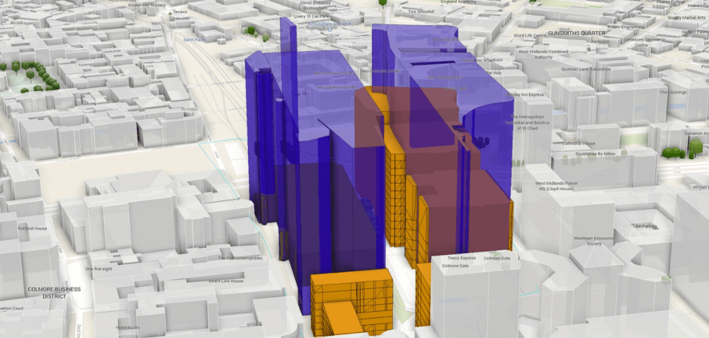 3D urban map of Birmingham's Colmore Business District with highlighted buildings in blue, orange, and purple overlays.