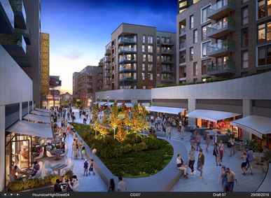 An evening streetscape within a modern mixed‑use development, featuring outdoor dining areas, landscaped public space, and people walking between contemporary residential buildings.