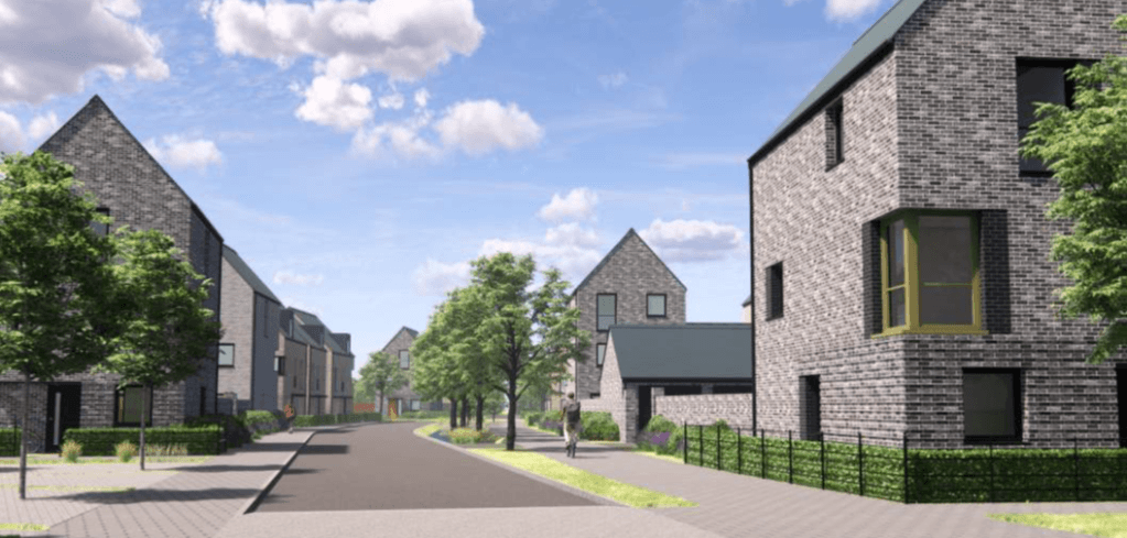 A rendered street view of a modern residential development with gray brick homes, tree-lined sidewalks, and a cloudy blue sky.
