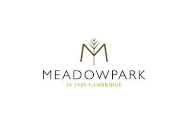 Meadowpark logo featuring stylized M with wheat stem above text "MEADOWPARK ST IVES CAMBRIDGE" in green and gray