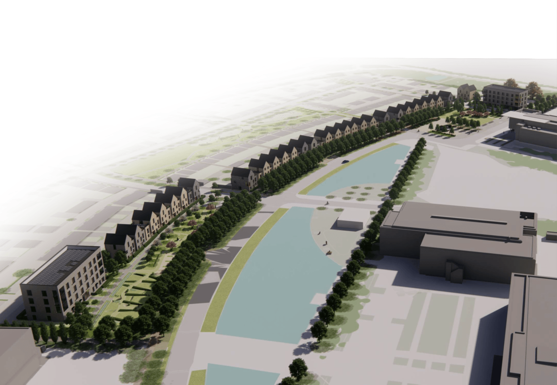Aerial architectural rendering of a planned urban development with row houses, a canal, tree-lined paths, and commercial buildings.