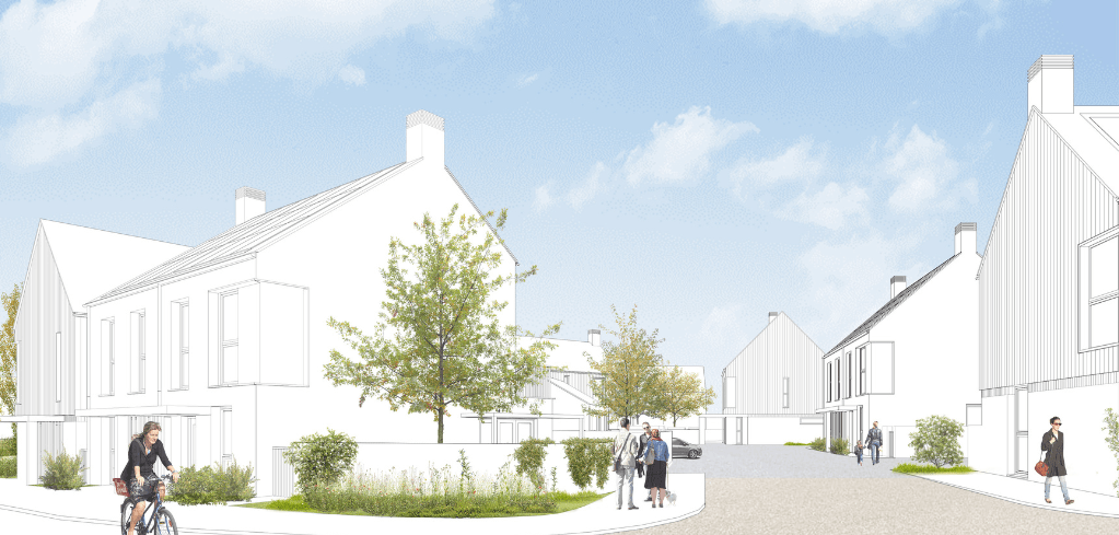Architectural rendering of a modern white residential neighborhood with pedestrians, a cyclist, trees, and a quiet street under a blue sky.