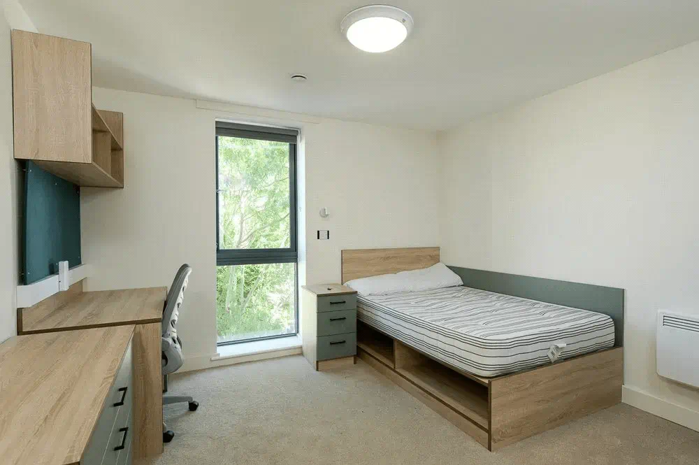 Modern studio apartment with wooden bed, desk, and chair. Large window with green view. White walls and bright lighting.