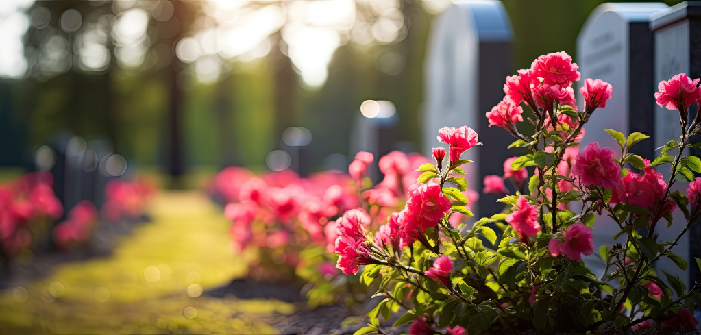 Vibrant pink azaleas blooming in a cemetery with gravestones visible in soft sunset light.