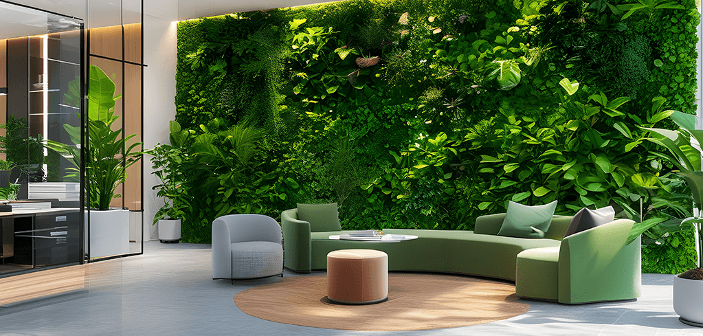 Modern office lounge with curved green seating, round ottoman, and dramatic living plant wall creating a biophilic environment.