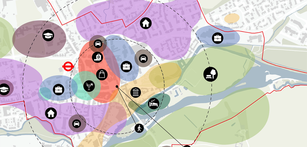 Urban planning map with colorful overlapping zones and icons representing amenities like housing, work, shopping, and transit.