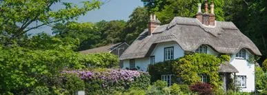 A charming country home set within lush, landscaped surroundings, featuring traditional architecture and a picturesque thatched roof. Mature gardens and rolling greenery create a sense of tranquillity and timeless appeal, reflecting the character, heritage and quality associated with countryside living.