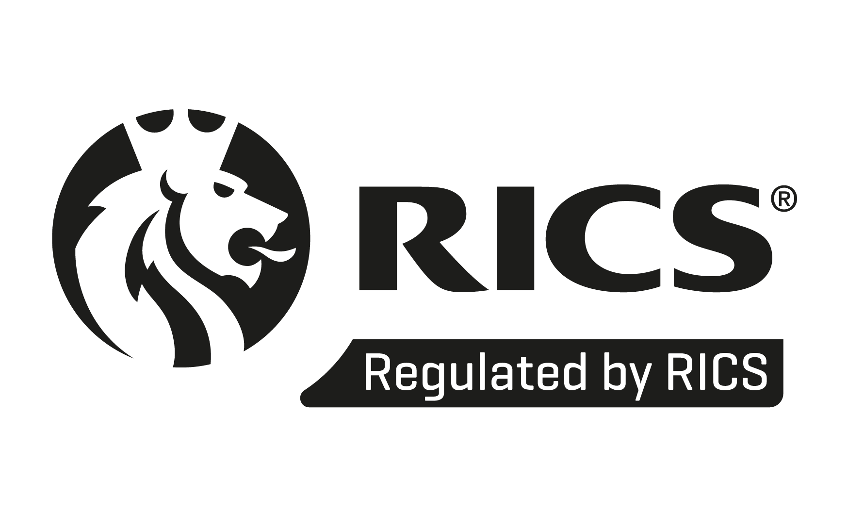 RICS logo featuring a stylized lion head in a circular emblem next to "RICS" text with "Regulated by RICS" underneath.