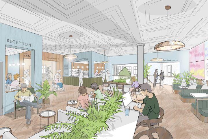 Illustrated rendering of a modern co-working space with a coffee bar, reception area, green plants, and people working and socializing.