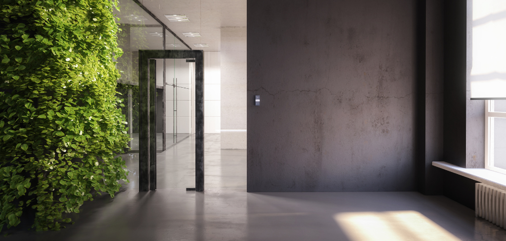 Modern office hallway with a lush green living plant wall, glass partition, concrete walls, and natural light from a window.